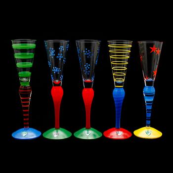CHAMPAGNEGLAS, 5 st, "Clown", Anne Nilsson, Orrefors, 1900-talets slut.