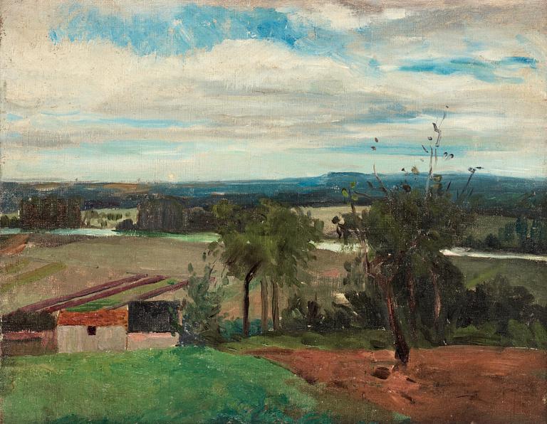 Carl Fredrik Hill, "Landskap från Bois-le-Roi" / "Landskap med träd och bondgård" [Landscape from Bois-le-Roi / Landscape with tree & farm].