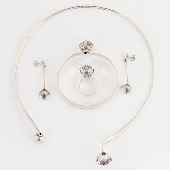 Pege Alton, silver and rock crystal, necklace, ring, bangle and earrings.
