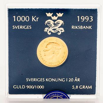 Gold coin, 21.6 carat, King of Sweden for 20 years, “SEK 1,000”, Sveriges Riksbank, 1993.