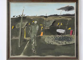 Lage Lindell, ”Landskap med figur och får, Gotland”.