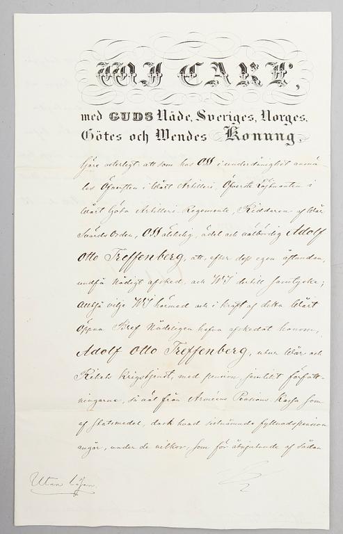 SAMLING MILITÄRA DOKUMENT, bla 3 med Carl XV signatur, 2 med Carl XIV Johans signatur och 3 med Gustaf V signatur.