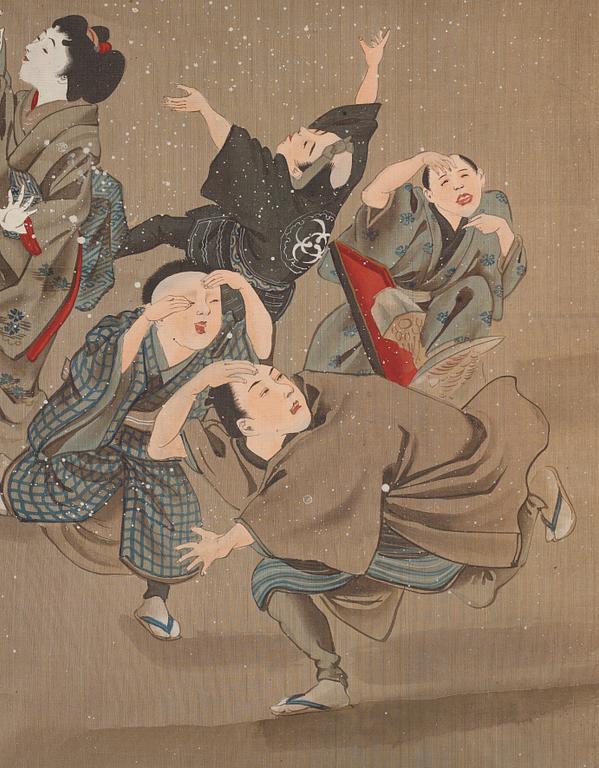 RULLMÅLNINGAR, sex stycken, tusch och färg på papper. Japan, Meiji (1868-1912).