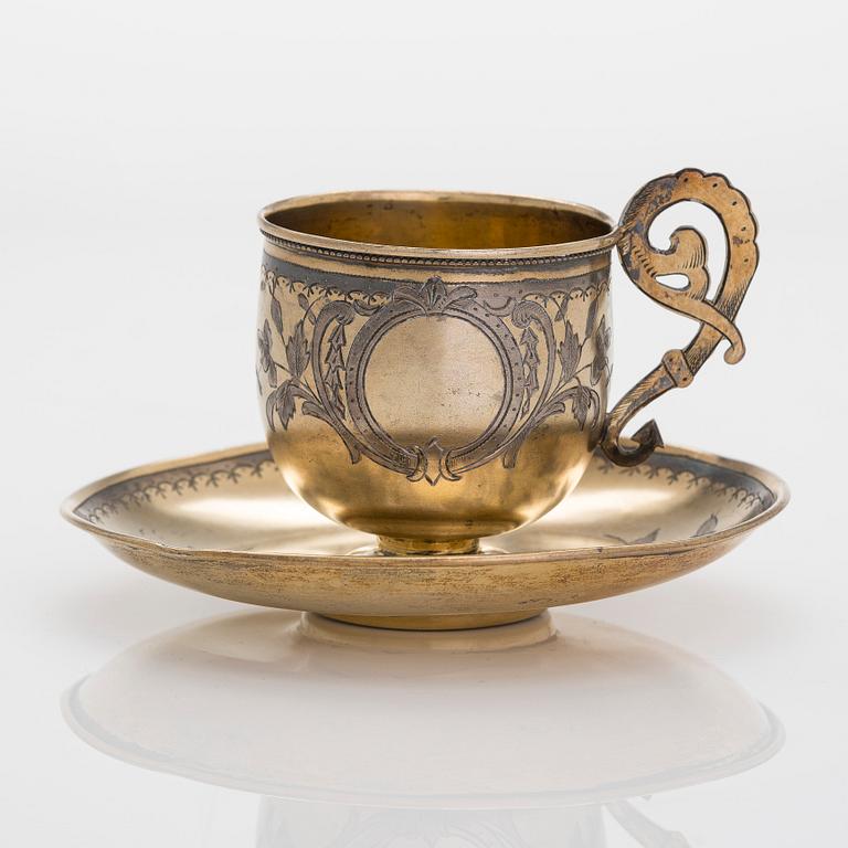 A silver gilt coffee cup with saucer, poss. Ivan Nikolayev Miekin, Moscow 1898-1909.