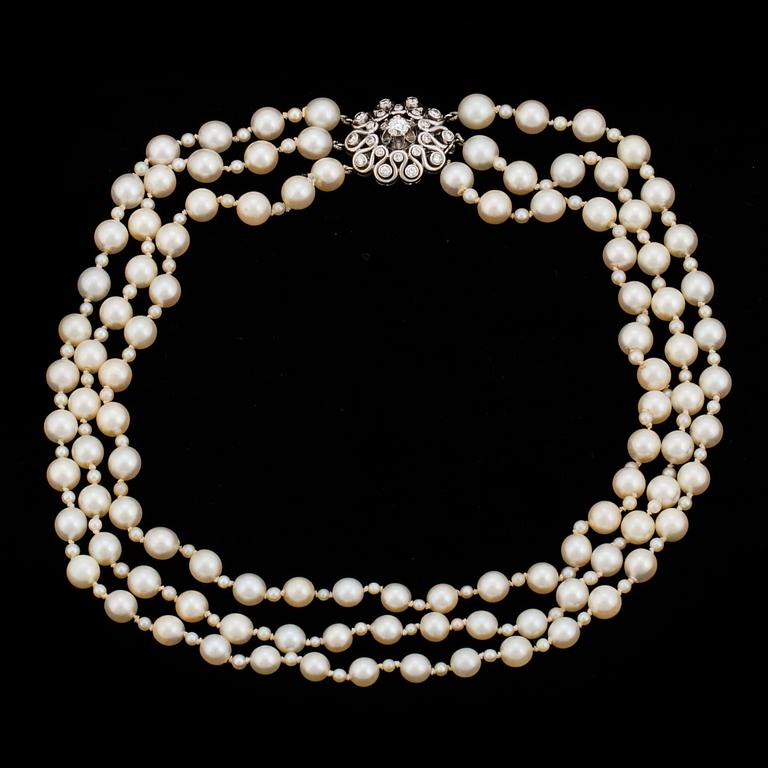 A three strand cultured pearl necklace with a clasp decorated with diamands.