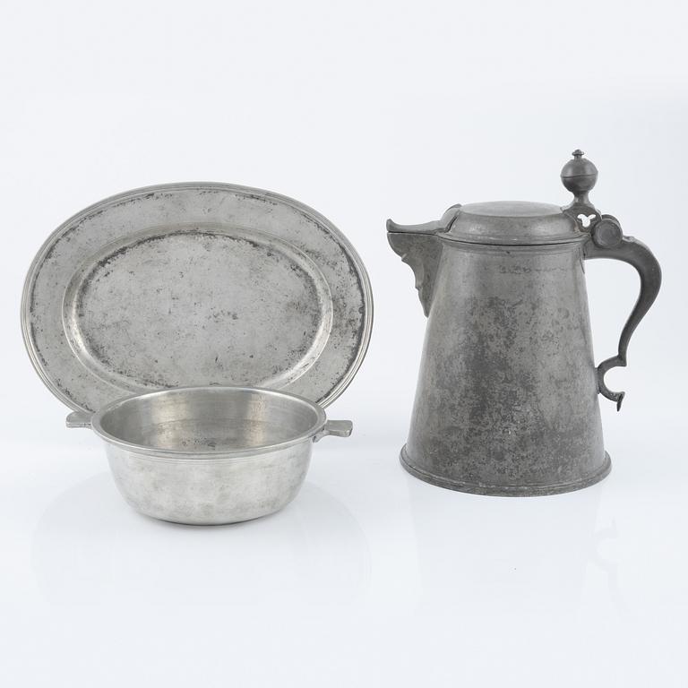 Three Swedish pewter items, 19th Century.