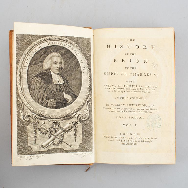 Robertsons historia över Karl V i trevliga band, 1782 (4 vol).