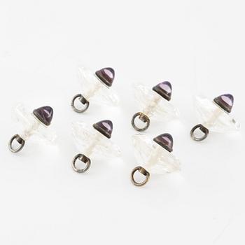 Buttons, 6 pcs, silver with faceted rock crystal and cabochon-cut amethysts.