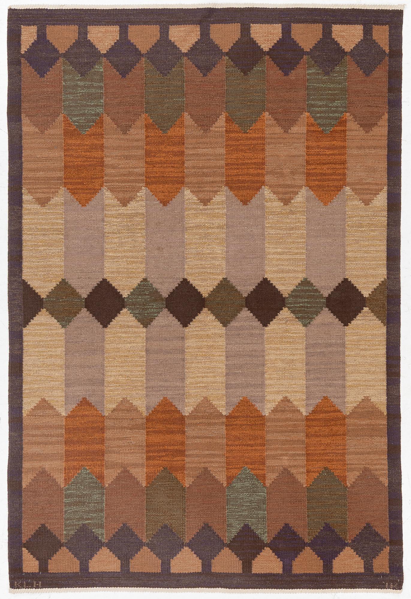 Irma Kronlund, a 'Höstdis' flat weave carpet, Kronobergs Löns Hemslöjd, sweden, signed KLH & IK, ca 222 x 150 cm.