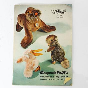 Leksaksdjur, 10 st, Steiff, med katalog, 1950-/60-tal.