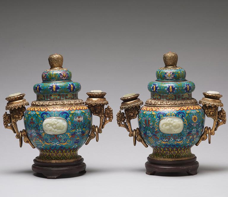 A pair of chinese cloisonne jars with covers with nephrite placques, 20th Century.