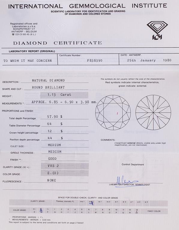 Sormus, 18K kultaa ja timantti n. 1.13 ct. Suomi 1981. Todistuksella.