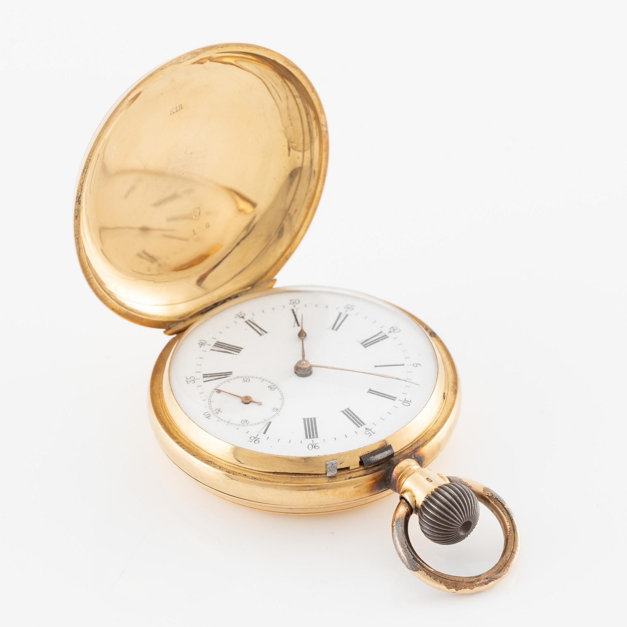 Pocket watch, 18K gold, hunter, calendar, 49.5 mm.
