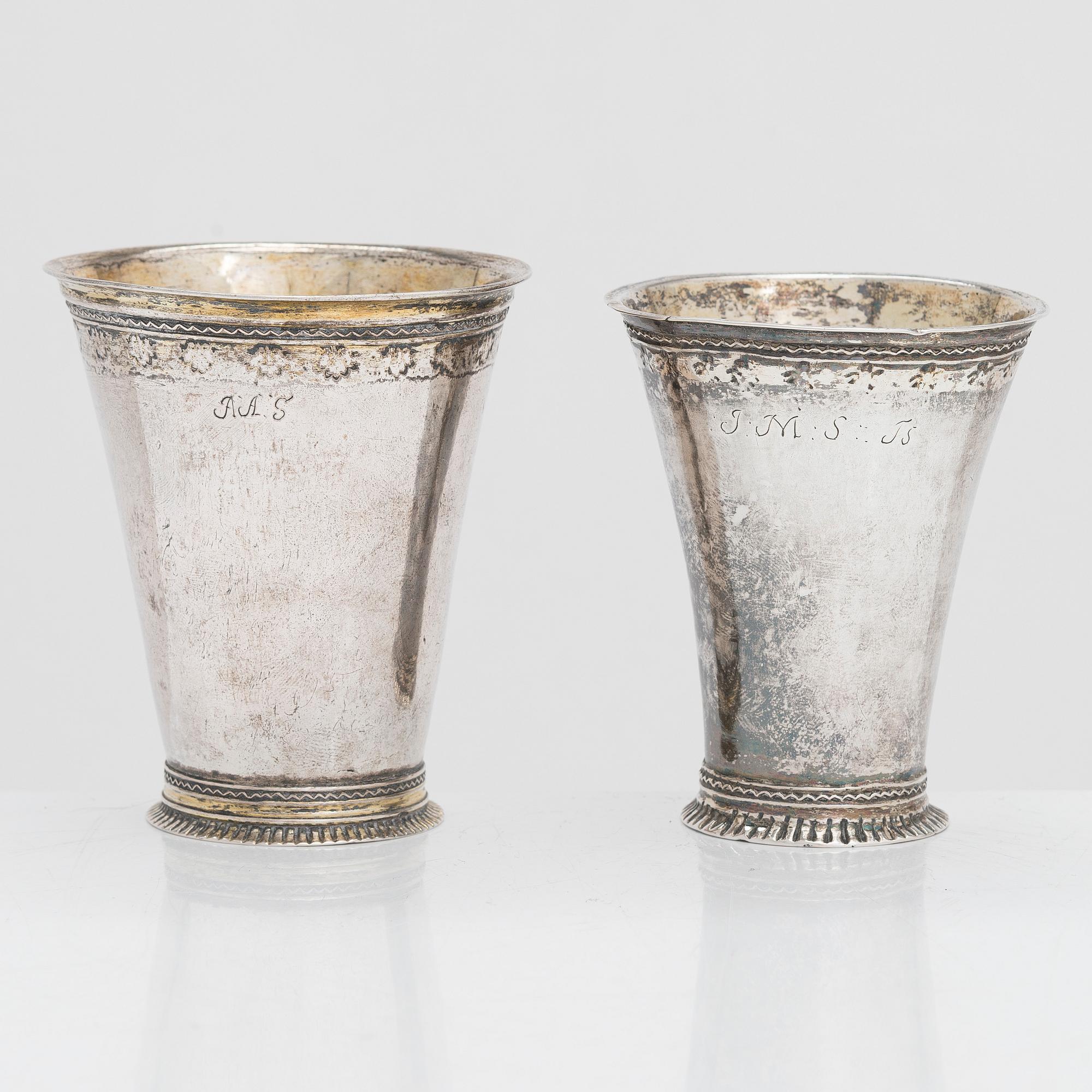 Two silver beakers, maker's mark of Carl Björkman (active 1735-1745) and Ferdinand Sehl the Youngest, Stockholm 1763.