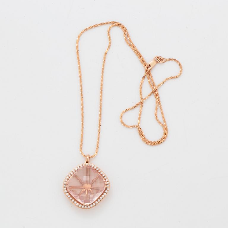 Checker-cut rose quartz and brilliant-cut diamond necklace.