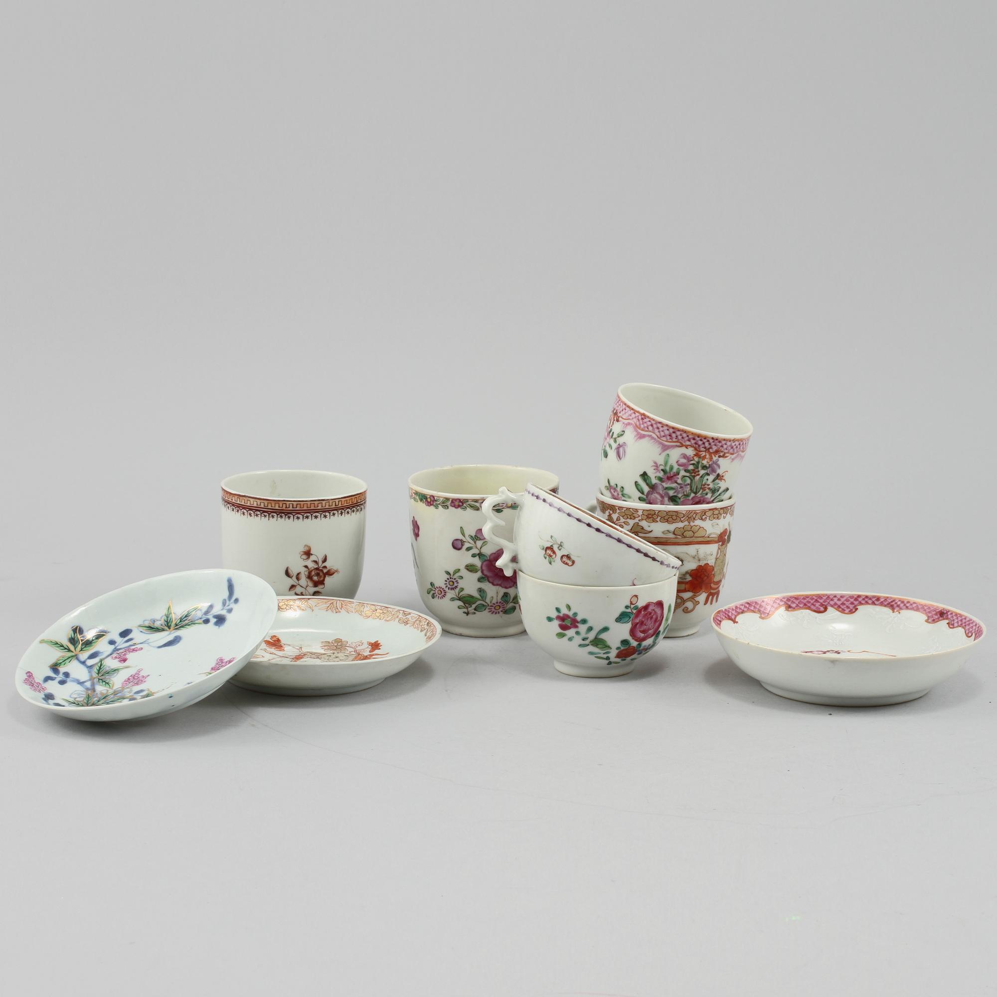 KOPPAR, 6 st samt UNDERFAT, 3 st, porslin Kina, 1700-tal.