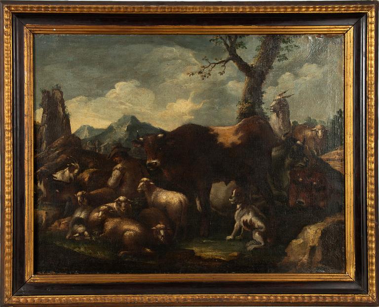 Philipp Peter Roos, hans art, 1700-tal. Landskap med boskap.