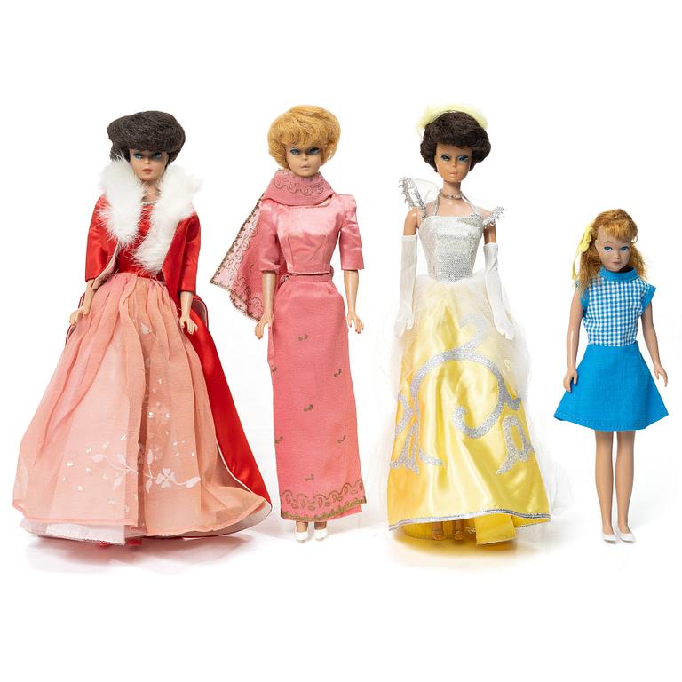 Barbiedockor, 4 st, samt kläder och accessoarer, Mattel, 1960-tal.