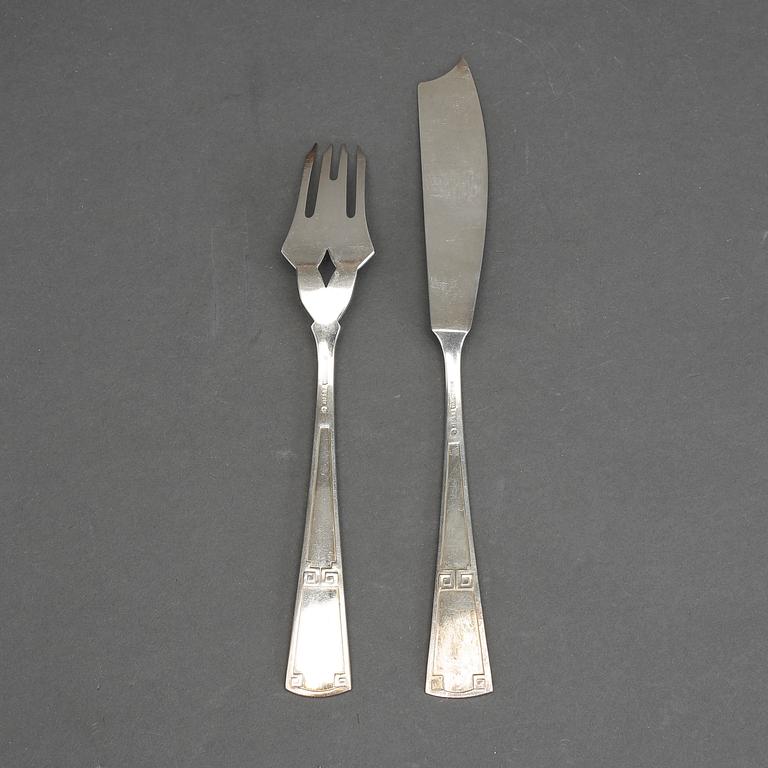 FISKBESTICK, jugend, 24 delar, nysilver, AG Dufva, Stockholm, ca 1900/10.