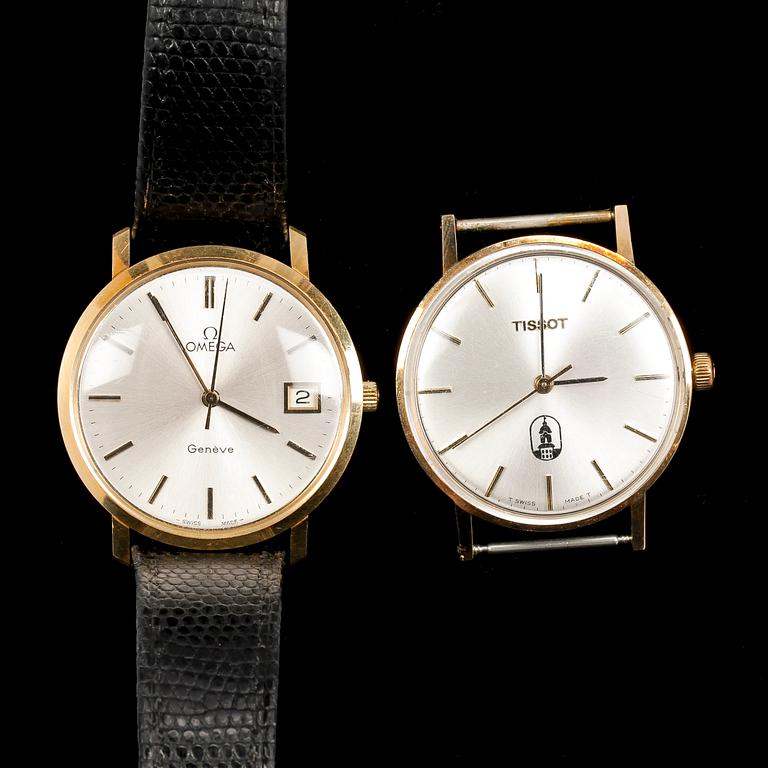 HERRARMBANDSUR, 2 st, 18k resp 14k guld, Omega resp Tissot.