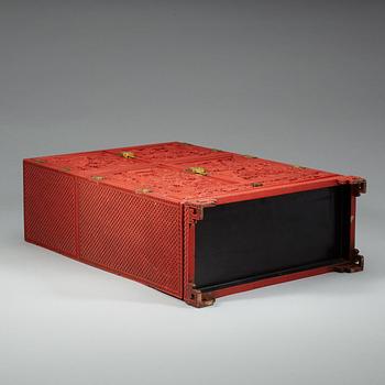 A well carved cinnaber lacquer 'Kang' cabinet, Qing dynasty, 18th Century.