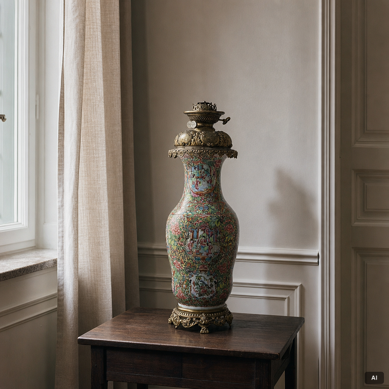 Vas, omgjord till bordslampa, porslin, Kanton, Qingdynastin, Kina, 1800-tal.