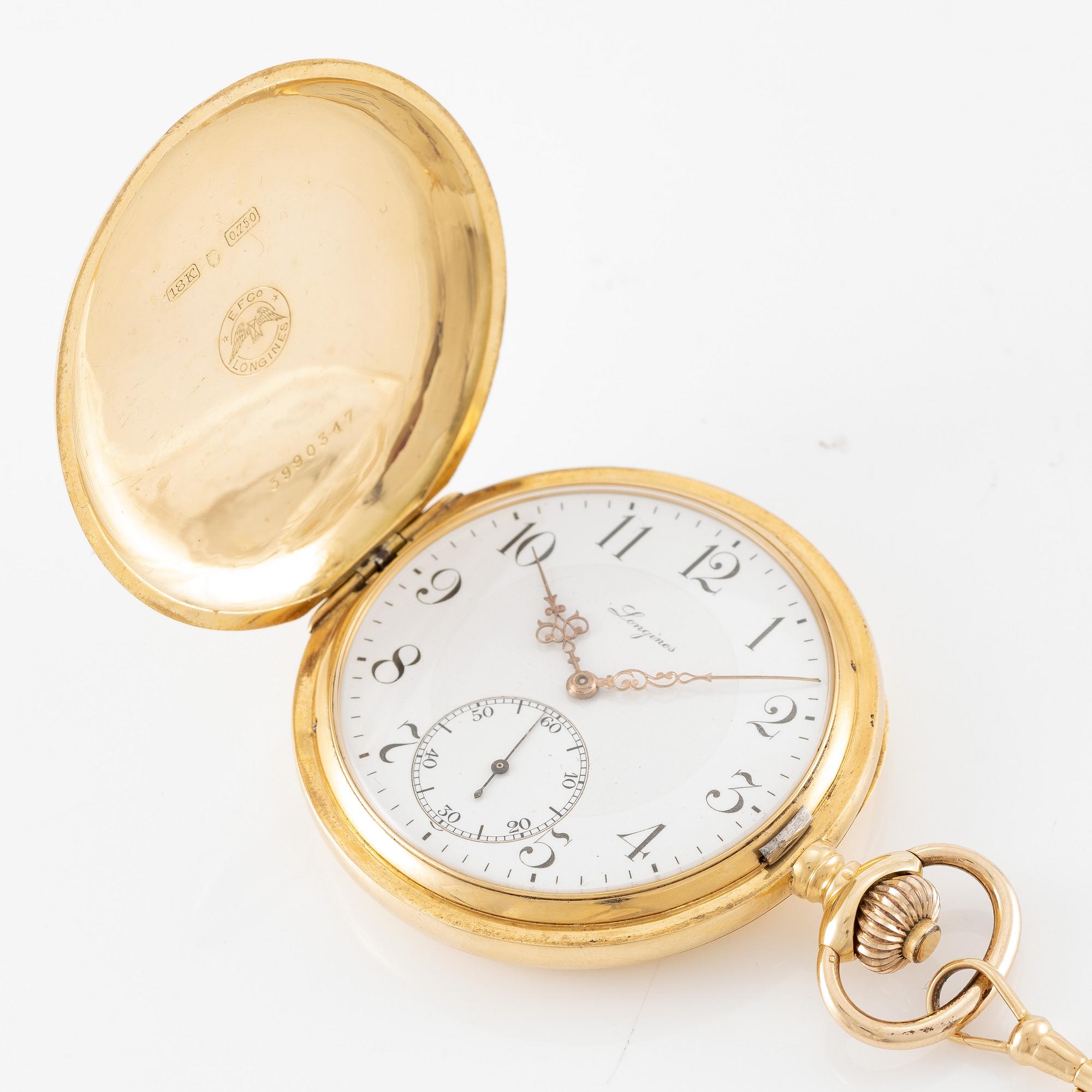 Longines, pocket watch, hunter, 18K gold with chain, 52 mm.