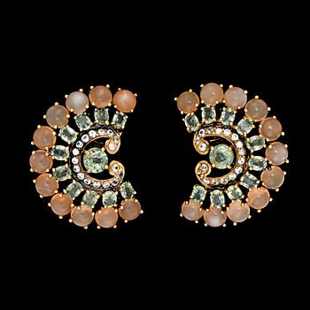 7. A pair of moonstone, green and white sapphire earrings.