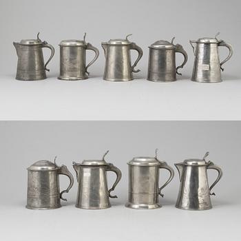 A Swedish pewter lidded porridge bowl , mark of Gustaf Silow (1848-75) and nine 19th century pewter tankards.