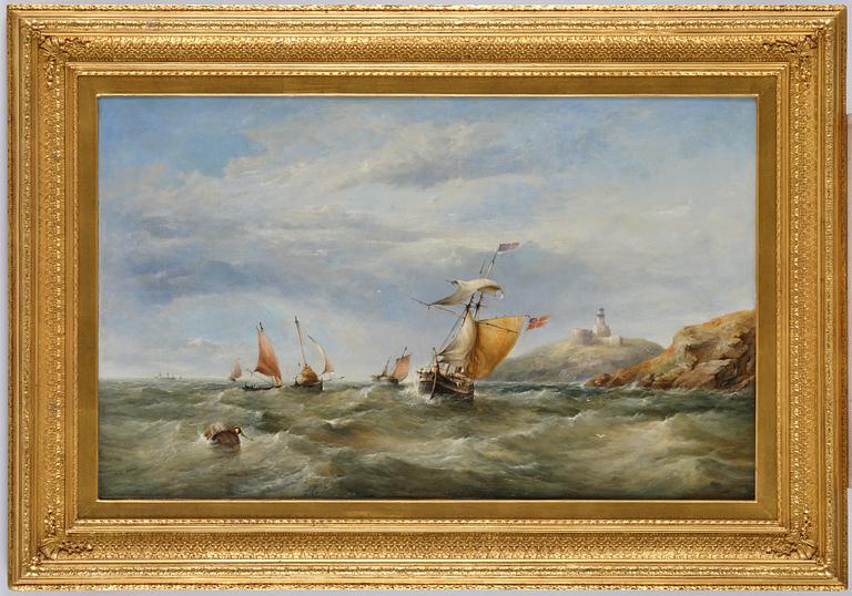 James Edwin Meadows, Sailing boats in rough weather by the coast with a lighthouse.