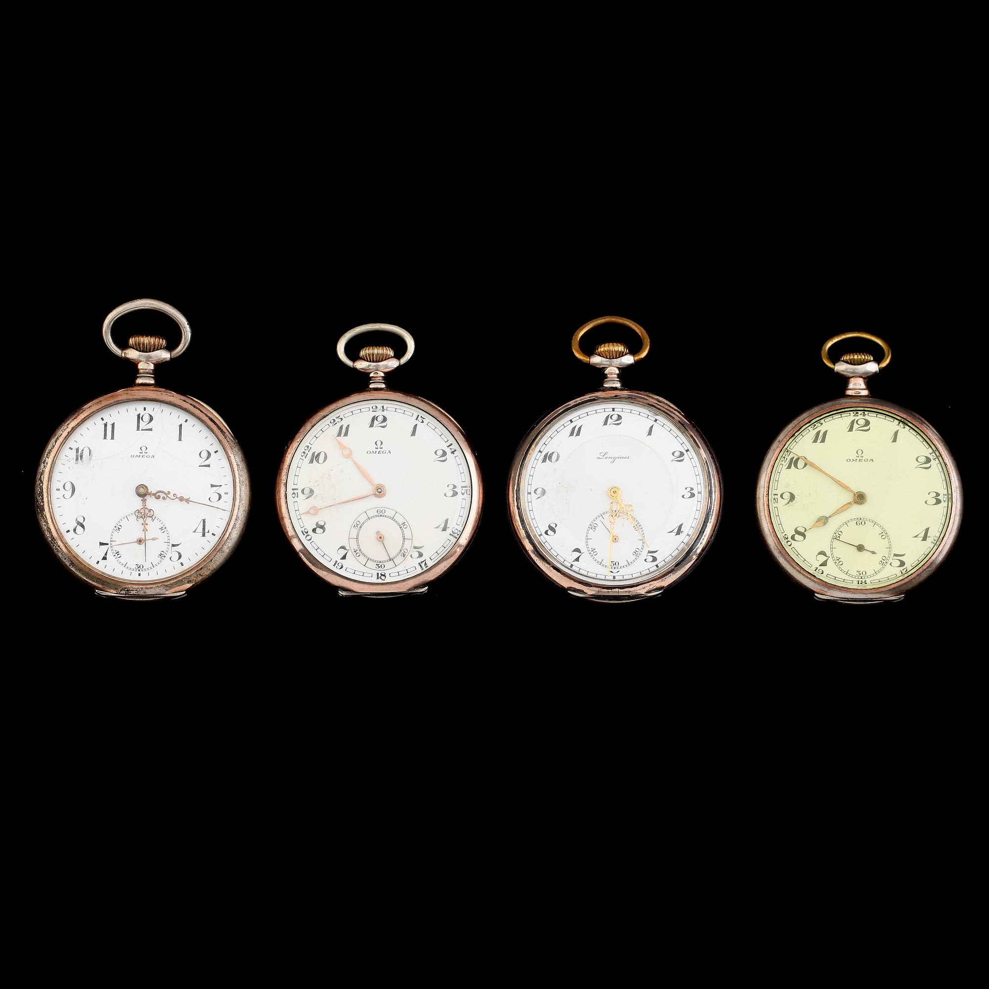 FICKUR, 4 st, silver, Omega och Longines, 1900-talets första hälft.
