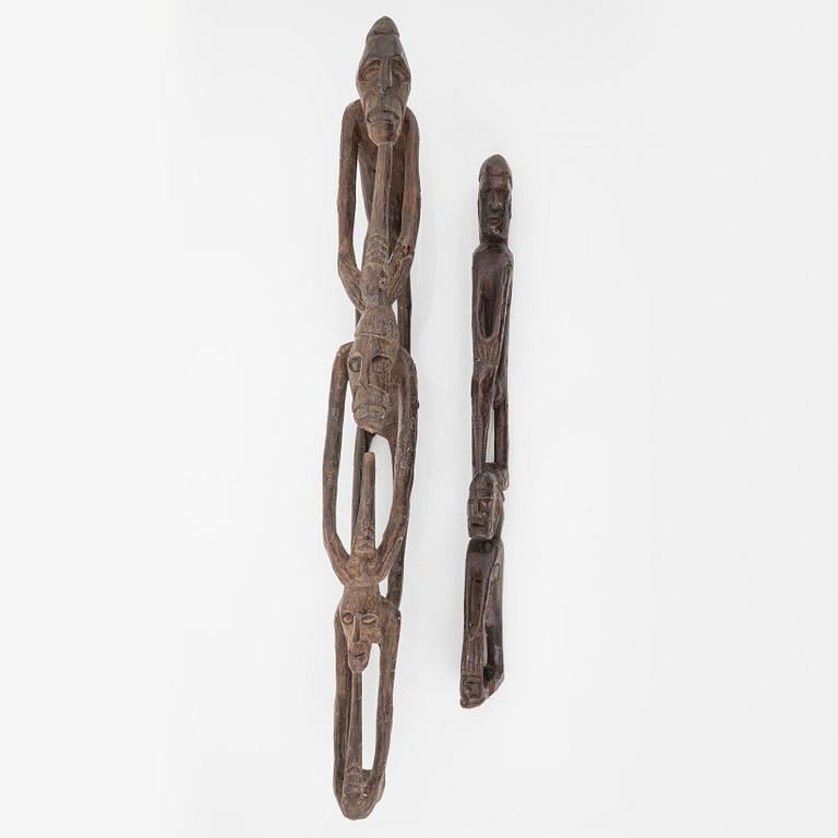 Two Asmat wood carvings/sculptures, Indonesia, Jakarta, 20th Century.