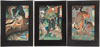 Three UTAGAWA KUNIYOSHI (1797/98-1861) color woodblock prints. Japan, from 'Japanese Heroes for the Twelve Signs'.