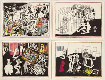 Lars Hillersberg, handkolerad litografier/collage, 4 st, signerade.