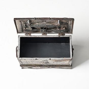 A South German presumably Nuremberg polychrome-painted wrought baroque iron casket, 17th century.