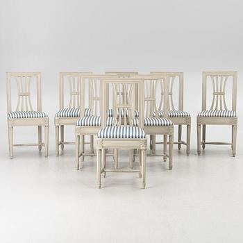 Stolar, 4 st, sengustavianska, omkring år 1800 samt stolar, 4 st, sengustaviansk stil, 1900-talets senare del.