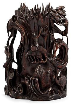 1511. A Chinese carved wooden scrollpot, probably early 20th Century.