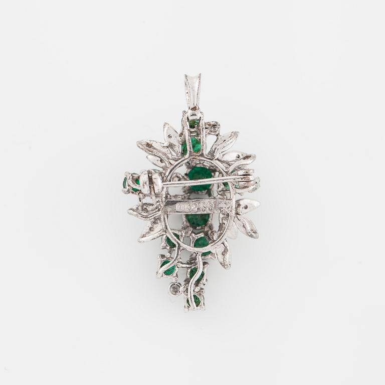 An emerald and single cut diamond brooch/pendant.