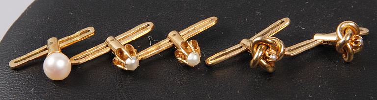 FRACKSKJORTKNAPPAR, 5 st, guld 18 K, bla CG Hallbergs. Tidigt 1900-tal.
