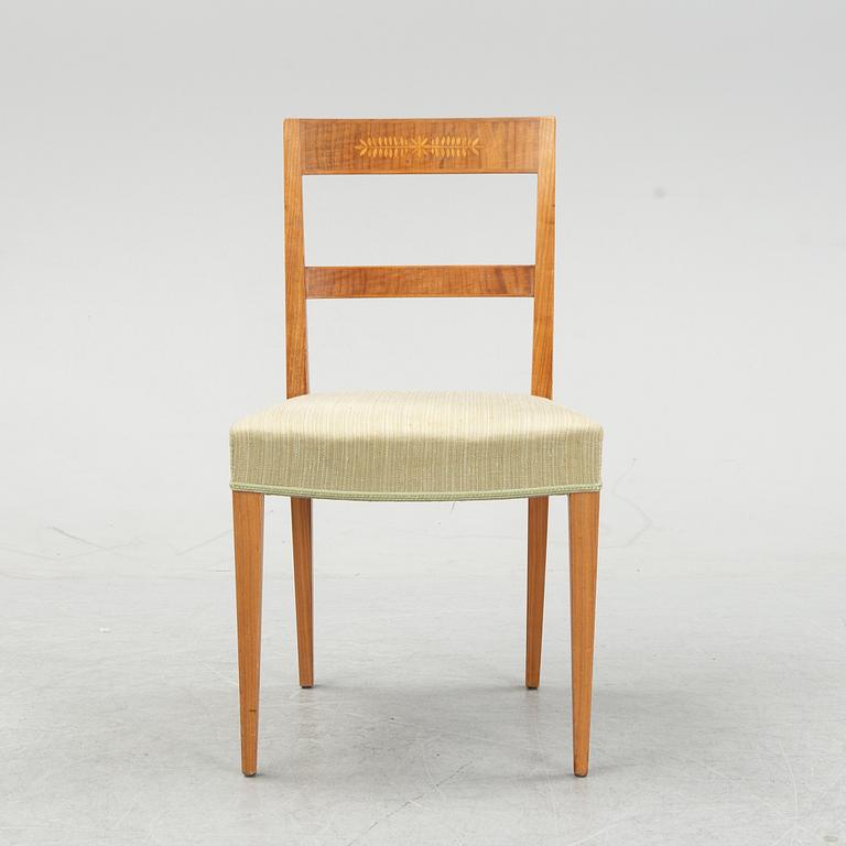 A set of six oak chairs decorated with walnut veneer and inlay, Mobilia Malmö.