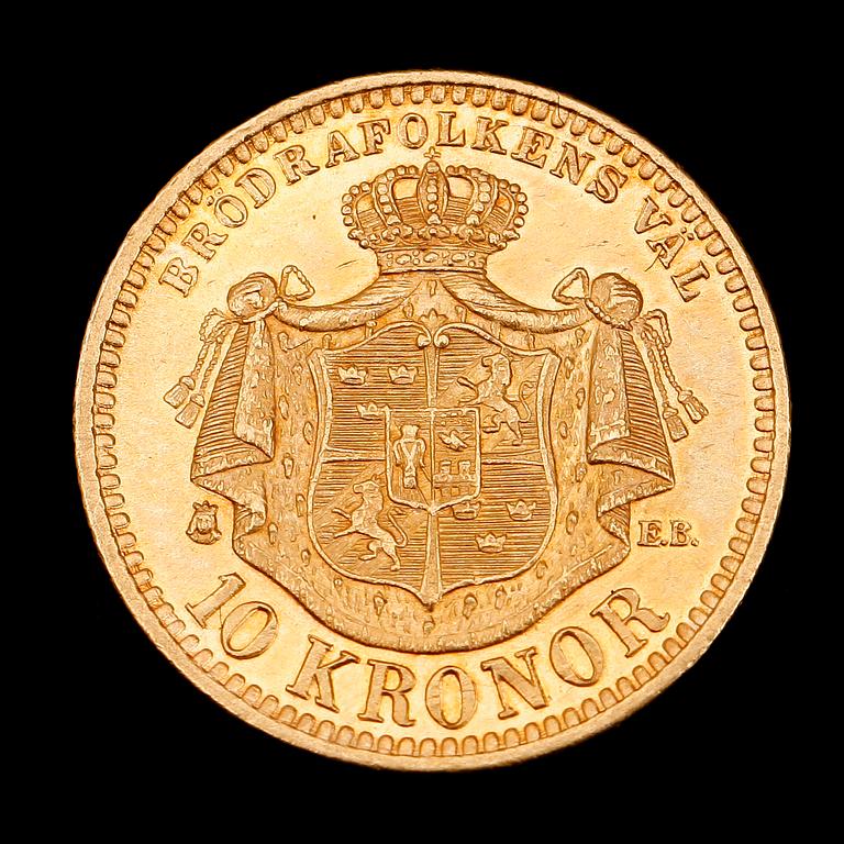 GULDMYNT, 10 kr, Oscar II, 1894. Vikt ca 4 g.