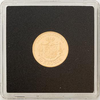 Gold coin, Oscar II, 10 kronor, type II, Sweden 1895.