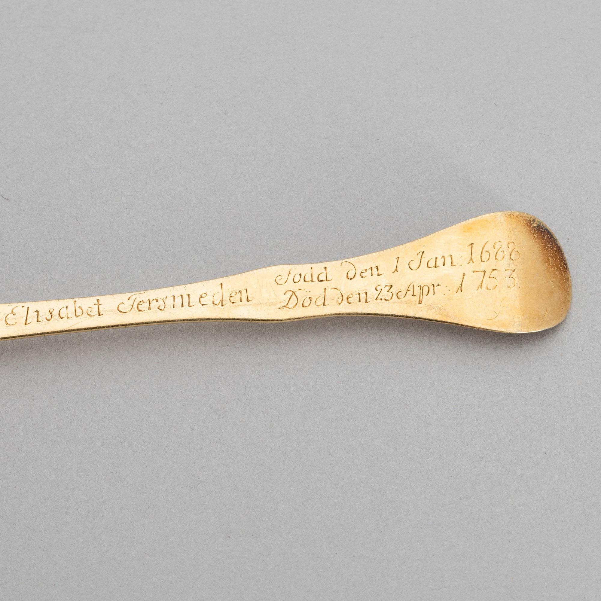 A Swedish 18th Century parcel-gilt large silver spoon, mark of Joachim Dyring, Hedemora 1751-1773 (1796)).