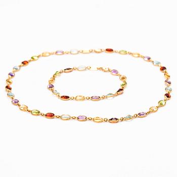 HALSBAND och ARMBAND, 18K guld, granater, peridoter, topaser, citriner och ametister. Le-Gi, Italien.