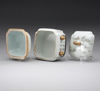 A square food container with cover and separate warmer, Qing Dynasty, Guangxu six-character mark and of the period.