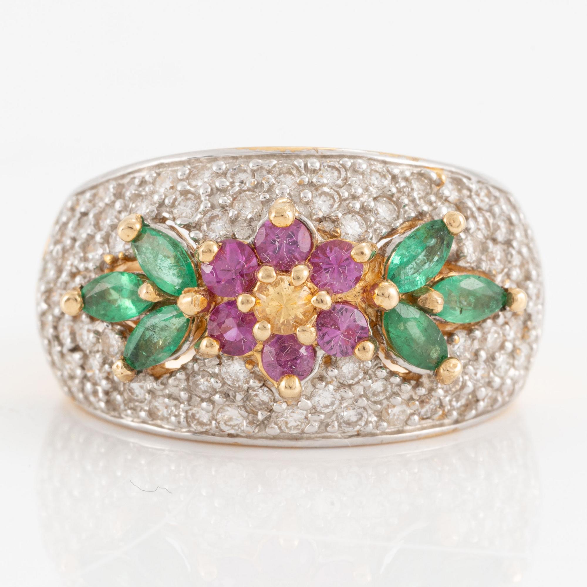 Ring, 14K gold with small brilliant-cut diamonds, emeralds, and pink stones.