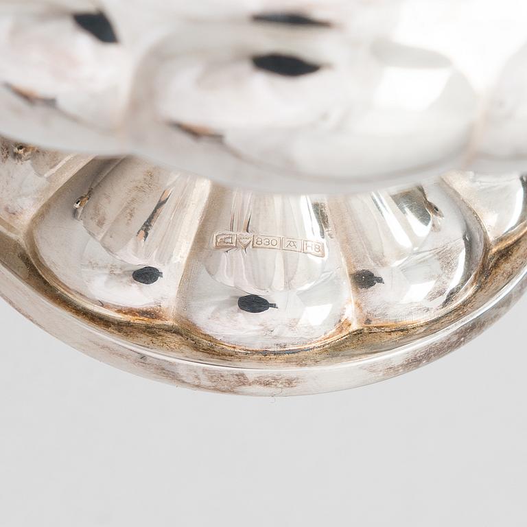 A silver coffee pot, a parcel-gilt sugar bowl and cream jug, Turku Finland 1946 and 1985.