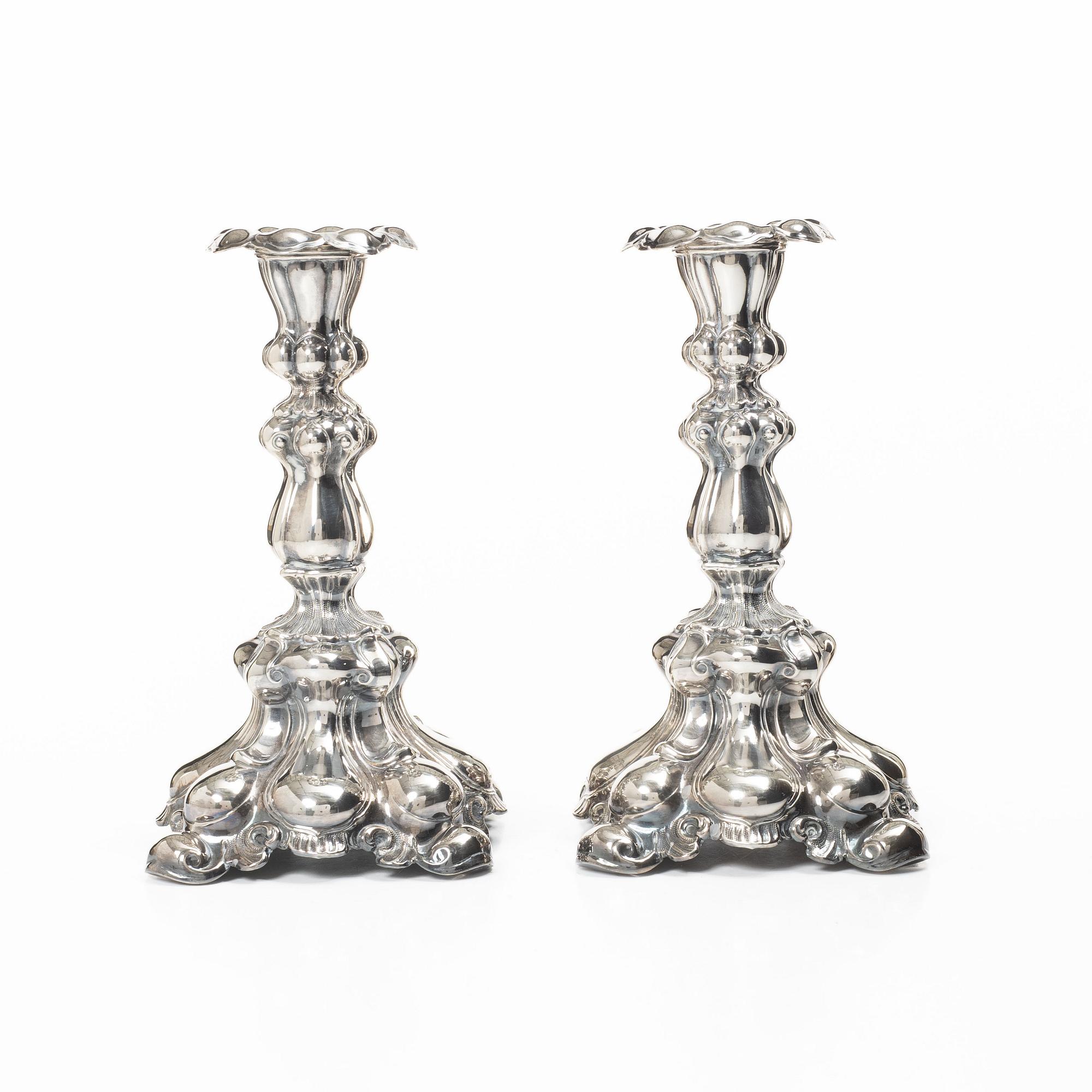 Candlesticks, a pair, Baroque style, silver, CG Hallberg, Stockholm, 1939.