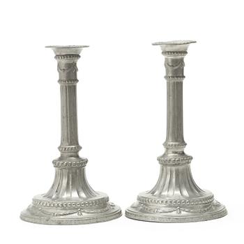 A pair of Gustavian pewter candlesticks by Jacob Sauer, Stockholm 1784.