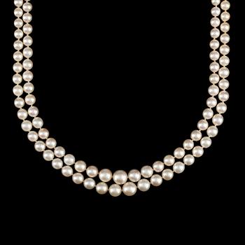 A 2-strand cultured pearl necklace. Clasp in the shape of the letters 'EJ' set with brilliant-cut diamonds.